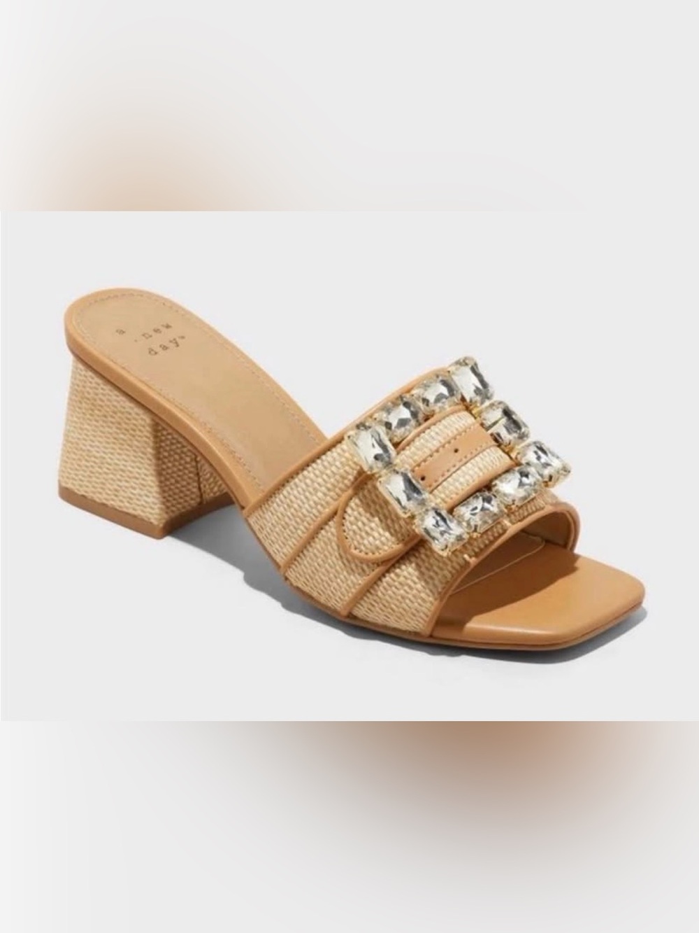 Beaded Buckle Raffia Block Heel Mule - Tan- a new day